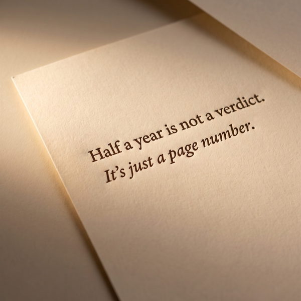 Letterpress card reading “Half a year is not a verdict. It’s just a page number.” in warm raking light