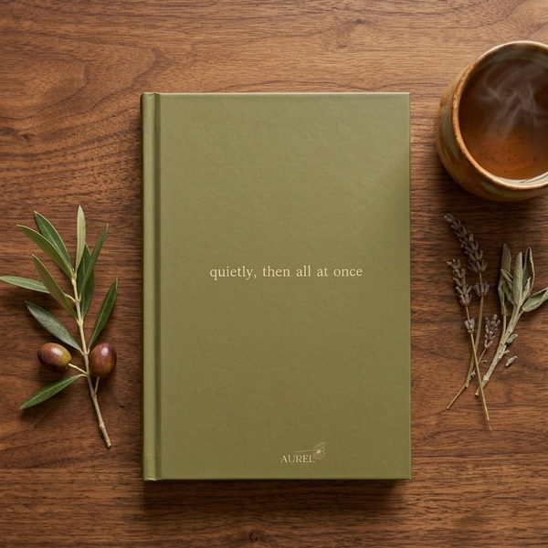 Olive green AUREL journal flat lay on walnut wood with a cup of tea, an olive sprig and dried lavender